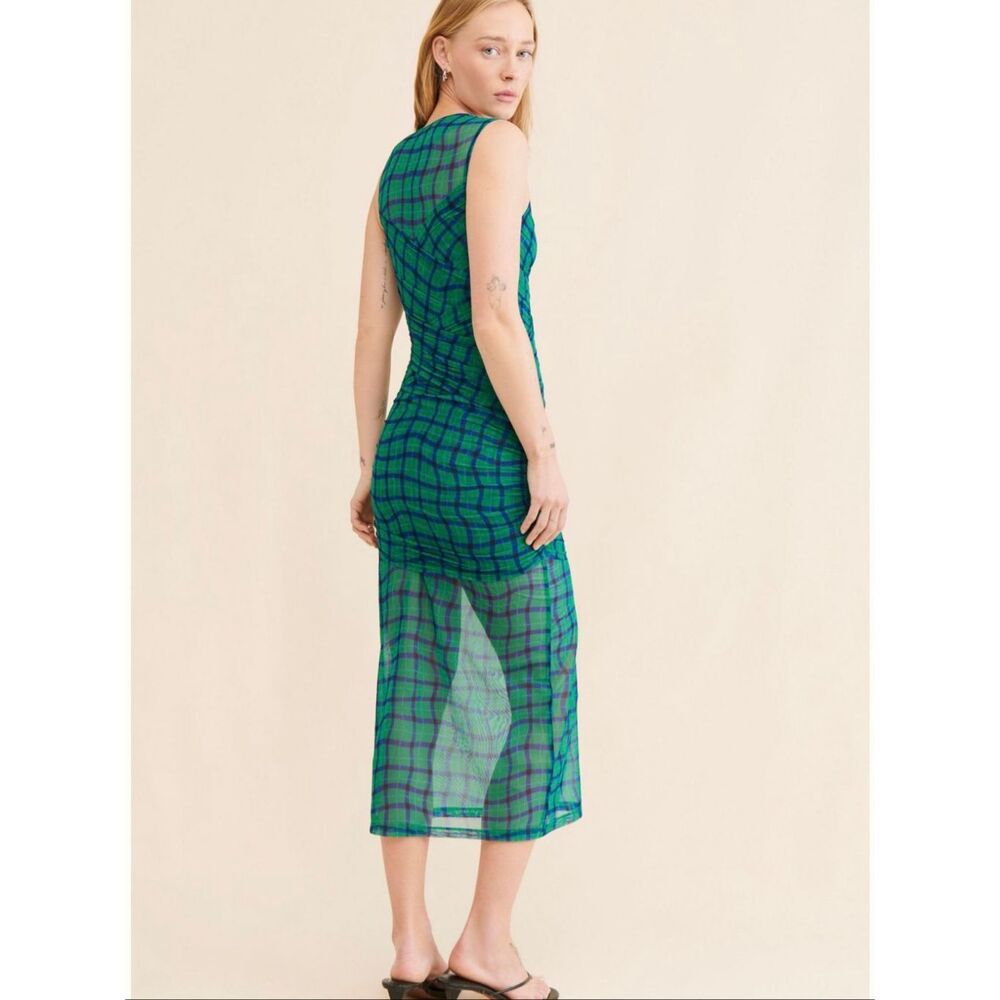 Simon Miller Sz M Kinny Ruched Plaid Mesh Midi Dress Anthropologie Green Blue - Picture 11 of 12